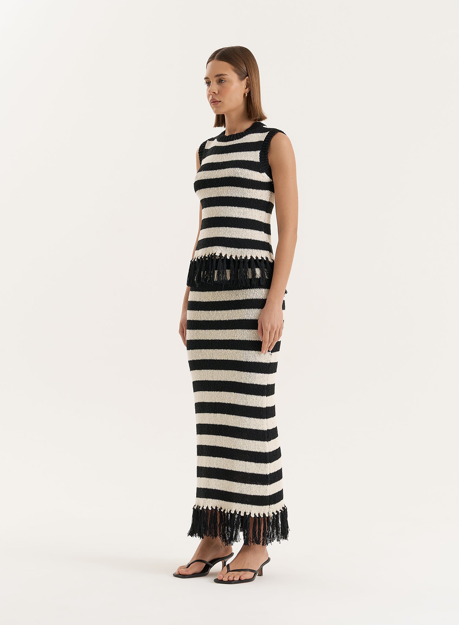 Striped Sleeveless Knitted Tassel Trim Top